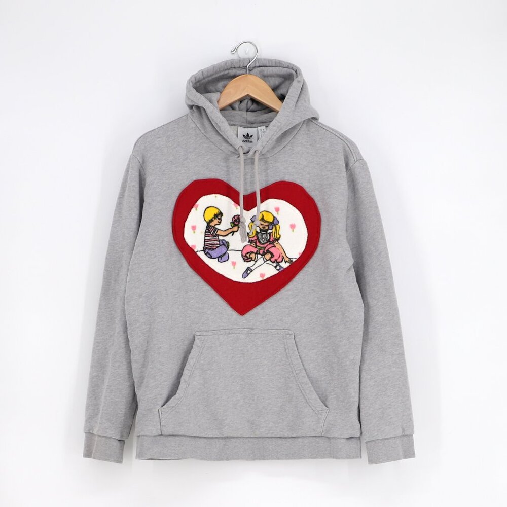 Upcycled Reworked Valentine's Day Vintage Towel Applique Gray Hoodie Size M